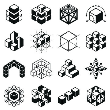 Collection of intricate geometric wireframe 3D objects in black.