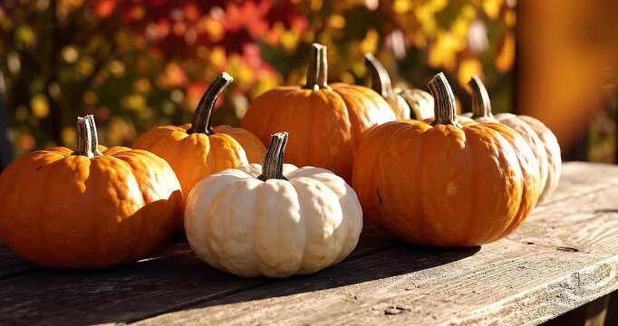 A collection of vibrant orange and one white pumpkin resting on a rustic wooden surface with blurred autumn foliage in the background, bathed in warm sunlight.