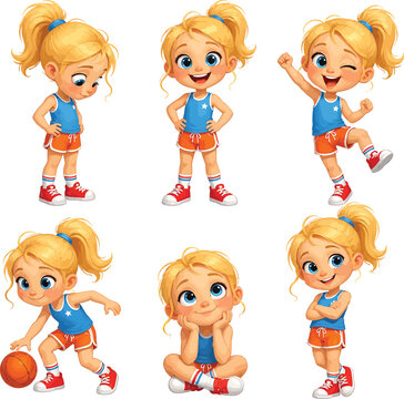 Blonde cartoon girl in various poses expressing different emotions playing sports