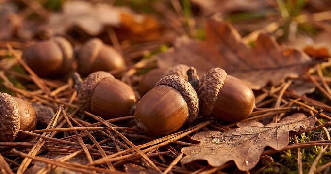 Close-up view of several brown acorns scattered on the forest floor among dry oak leaves and pine needles in warm autumn light.