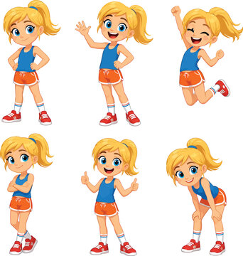 Cartoon blonde girl in sportswear character poses set for active design