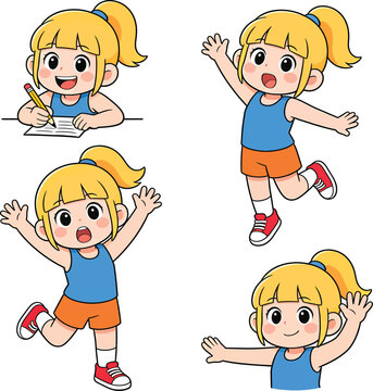Cartoon girl character in different poses writing and waving happily