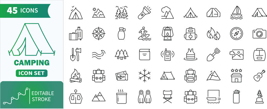 Camping line icon set with editable stroke. Set of line icons presenting various Camping, hiking, and outdoor adventure line icons vector set