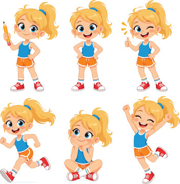 Cheerful blonde cartoon girl with ponytail in various poses studying playing success