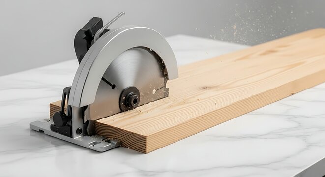 Industrial Circular Saw Cutting a Lumber Board on Marble Table