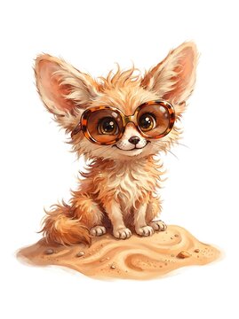 Adorable baby fennec fox sitting in the desert sand looking at camera