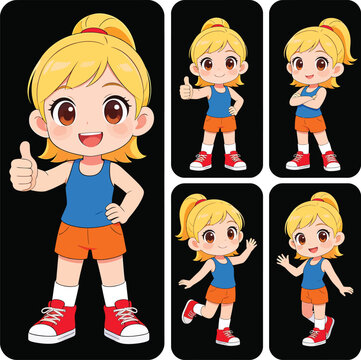 Cute anime girl character set with various poses and gestures on black
