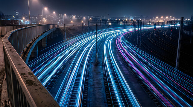 Night city traffic light trails on highway with long exposure