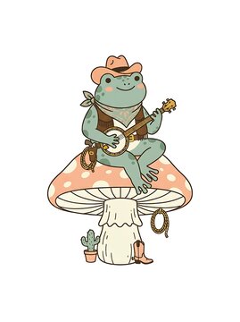 Funny frog playing an acoustic guitar while sitting on a large mushroom