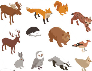 Obraz premium Woodland Forest Animal Set with Moose Fox Squirrel Lynx Deer Bear Hedgehog Owl Rabbit and Skunk Flat Vector Illustration