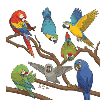 Collection macaw parrots and macaws perched on branches  of vibrant cartoon  doodle art vector illustration 1