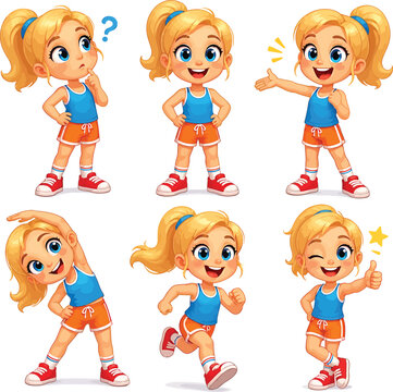 Cute blonde girl cartoon character in various poses and expressions (1)