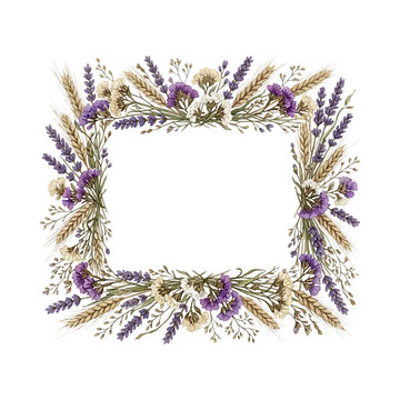 Rectangular frame of dried flowers and wheat ears on white background