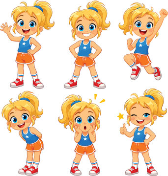 Cute blonde girl cartoon character in various poses and expressions