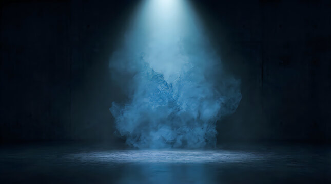 Bright light beam shining in dark blue night sky with fog