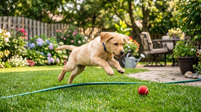 yellow labrador puppy jumping over a garden hose to play with a red ball outside