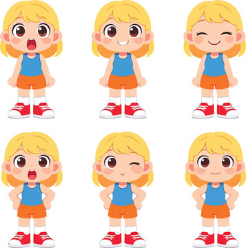 Cute blonde girl cartoon character with various facial expressions set