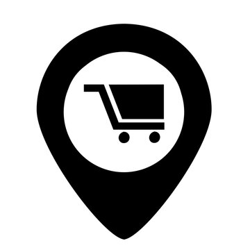 mall location pin with shopping cart icon isolated on white, store logo concept, boutique, delivery, supermarket, convenience store, shop