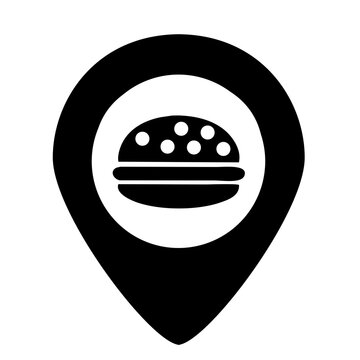 burger location pin with hamburger icon isolated on white, restaurant logo concept, eatery, coffeeshop, internet