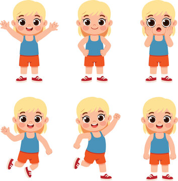 Cute blonde girl vector illustration set with six poses and expressions.