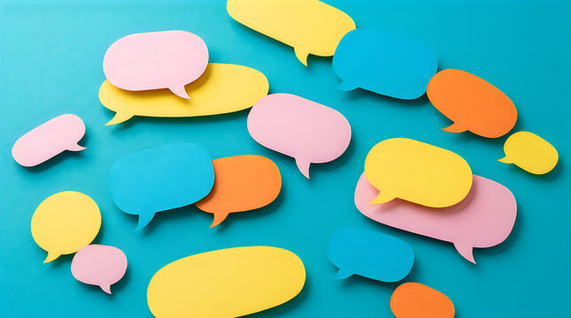 Colorful paper speech bubbles scattered on a vibrant blue background representing communication and social media interaction