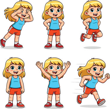 Cute blonde girl character set in various active poses running jumping and cheering isolated on white background
