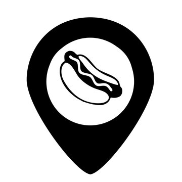 hotdog location pin with hotdog sandwich icon isolated on white, restaurant logo concept, eatery, coffeeshop, internet, fastfood