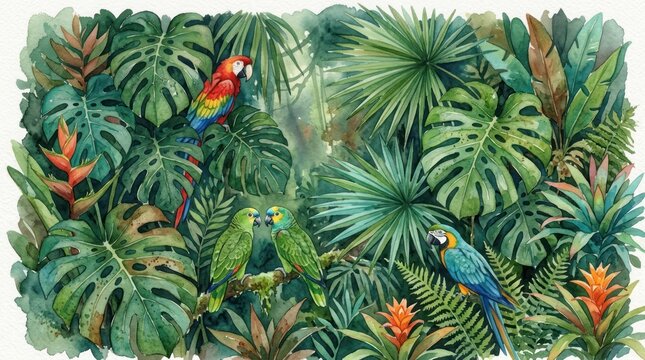 Colorful tropical rainforest parrots among lush leaves and ferns in daylight