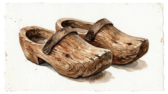 Hand-drawn wooden clogs and sandals on warm textured background