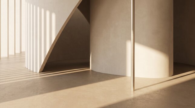 Modern interior space with abstract architectural elements and warm sunlight casting shadows
