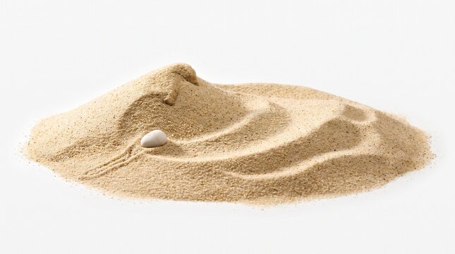 A small pile of fine sand with a single white pebble nestled within. The sand is sculpted into soft, wave-like patterns, suggesting a gentle breeze or the passage of time