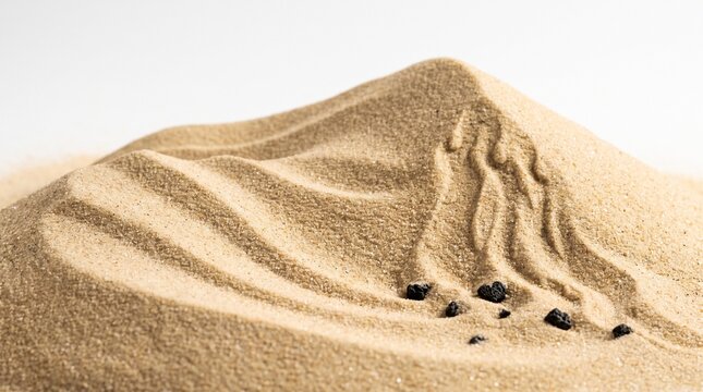 Close-up of rippled sand dunes with a few dark rocks scattered across the surface