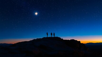 Fototapeta premium Silhouettes of three people standing on a rocky hill under a bright star in a twilight desert sky