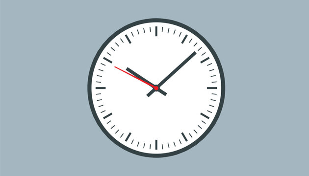 Minimalist wall clock with dark hands and red second hand showing time on a simple grey background.