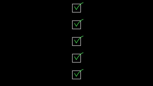 Vertical row of white check boxes with glowing green check marks isolated on black background, checklist concept