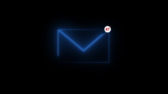 Glowing blue neon email envelope icon with a red 99 notification badge on a dark background, unread messages concept