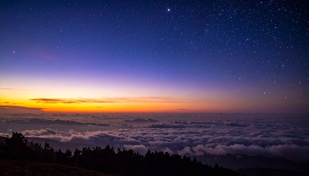 Starry Blue Dusk Above a Vast Cloud Layer with Warm Sunset Band