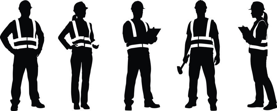 Diverse group of construction workers in silhouette with safety vests and hard hats Keywords: construction workers, silhouette, safety