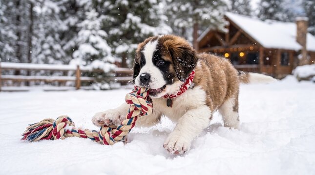 saint bernard puppy playing with a rope toy in the snow outside a wooden cabin