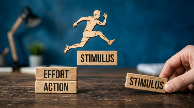 Running figure illustrates effort action and stimulus on wooden blocks
