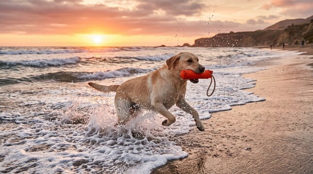 yellow labrador dog playing with a red toy on the beach at sunset