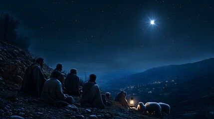 Naklejka premium Group of shepherds sitting on a hill looking at a bright star in the night sky