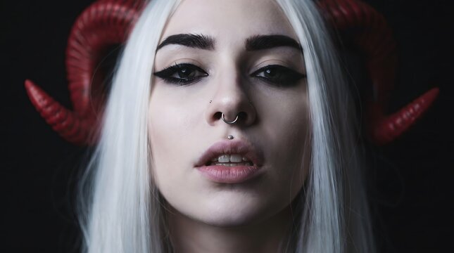 Portrait of an alternative young woman with long white hair, striking dark makeup, a nose ring, and vibrant red horns against a dark background, embodying a gothic and fantastical aesthetic
