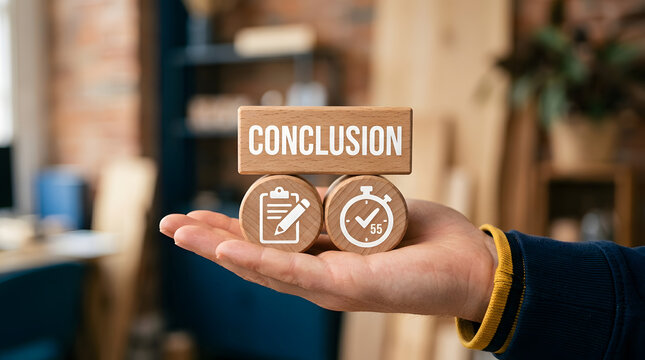 Hand holding wooden blocks with conclusion checklist