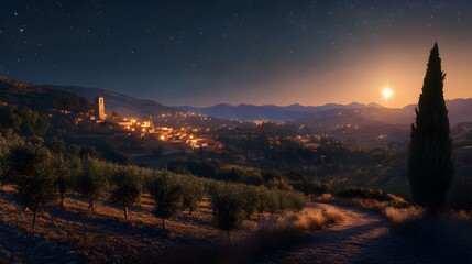 Obraz premium Ancient village at night with a bright star over the horizon and olive groves in the foreground