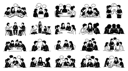 Fototapeta premium Black White Line Art: People Group Discussion, Communication, and Learning in Business Education