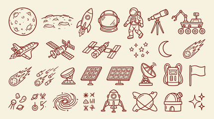 Collection of hand-drawn space exploration icons including planets, rockets, astronauts, and satellites. © indira