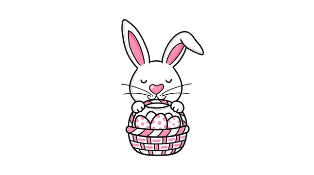 ​Cute Easter Bunny Holding Basket Filled with Polka Dot Eggs - Minimalist Kawaii Cartoon Illustration