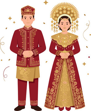 Traditional Indonesian Minangkabau Wedding Couple Vector Character Set in Red and Gold Palembang Minang Bridal Costumes for Cultural Invitation Card Designs