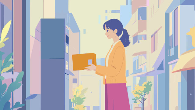宅配ロッカーで荷物を受け取る女性_1920x1080px